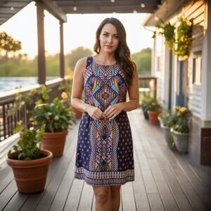A. Byer Women's Geometric Boho Navy Tunic Top Shift Dress M